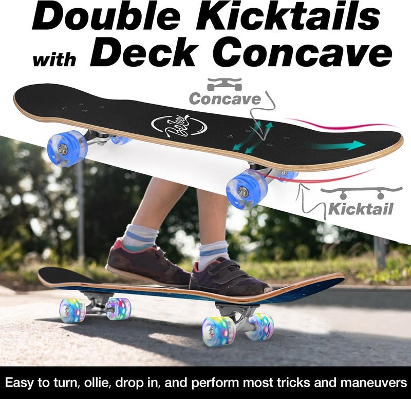 BELEEV Skateboards for Beginners, 31 x 8 inch Complete Skateboard for Kids Teens Adults, 7 Layer Canadian Maple Double Kick Deck Concave Cruiser Trick Skateboard with Multifunction Skate T-Tool - Image 4